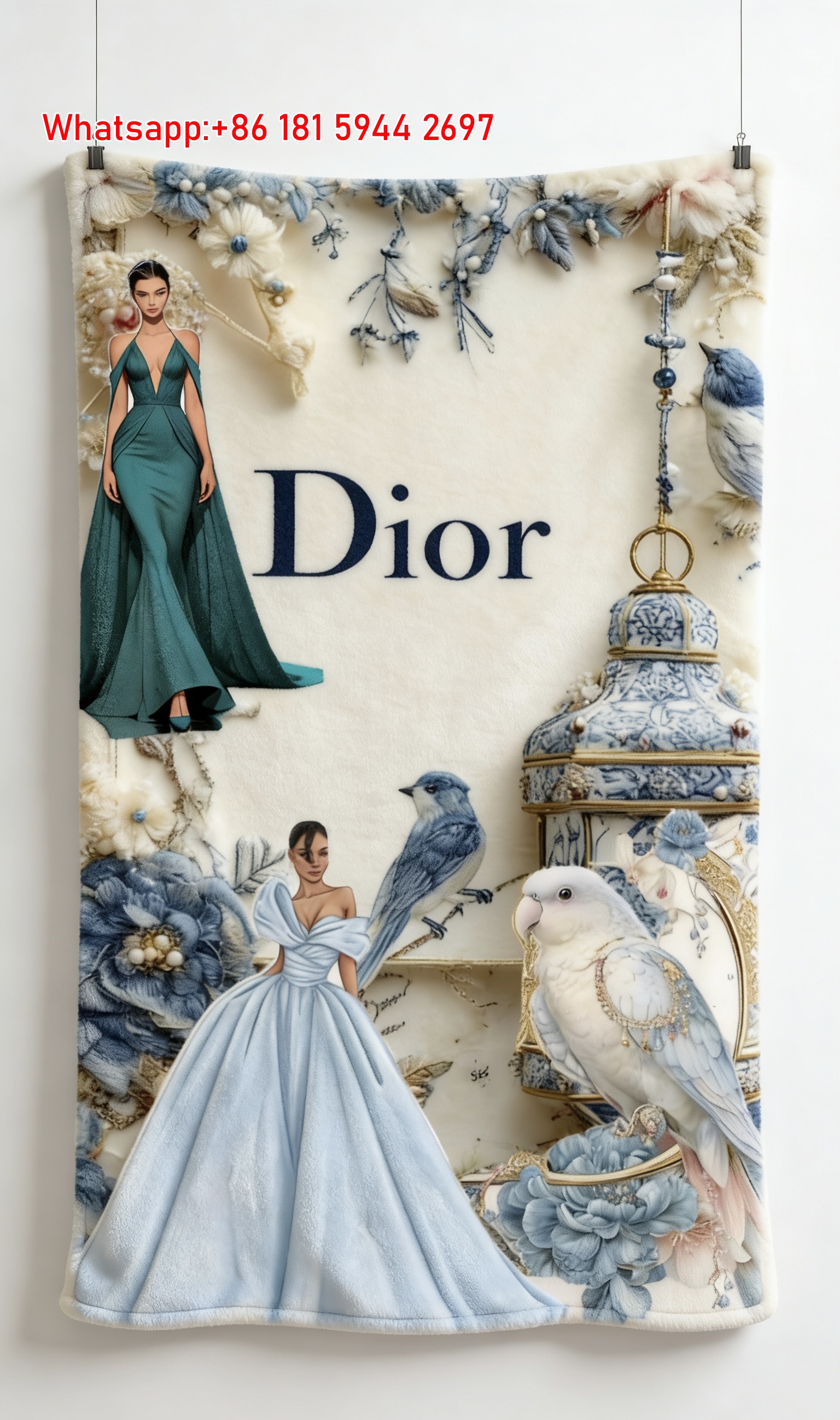 Dior Elegant Gown Bird Floral Flannel Sofa Throw Blanket D171